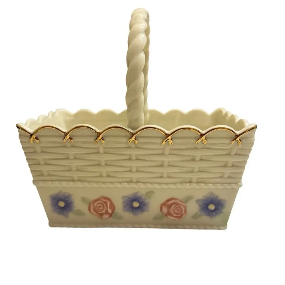 Lenox Porcelain Ivory Spring Garden Basket Blue Pink Floral 3D Butterfly Gold